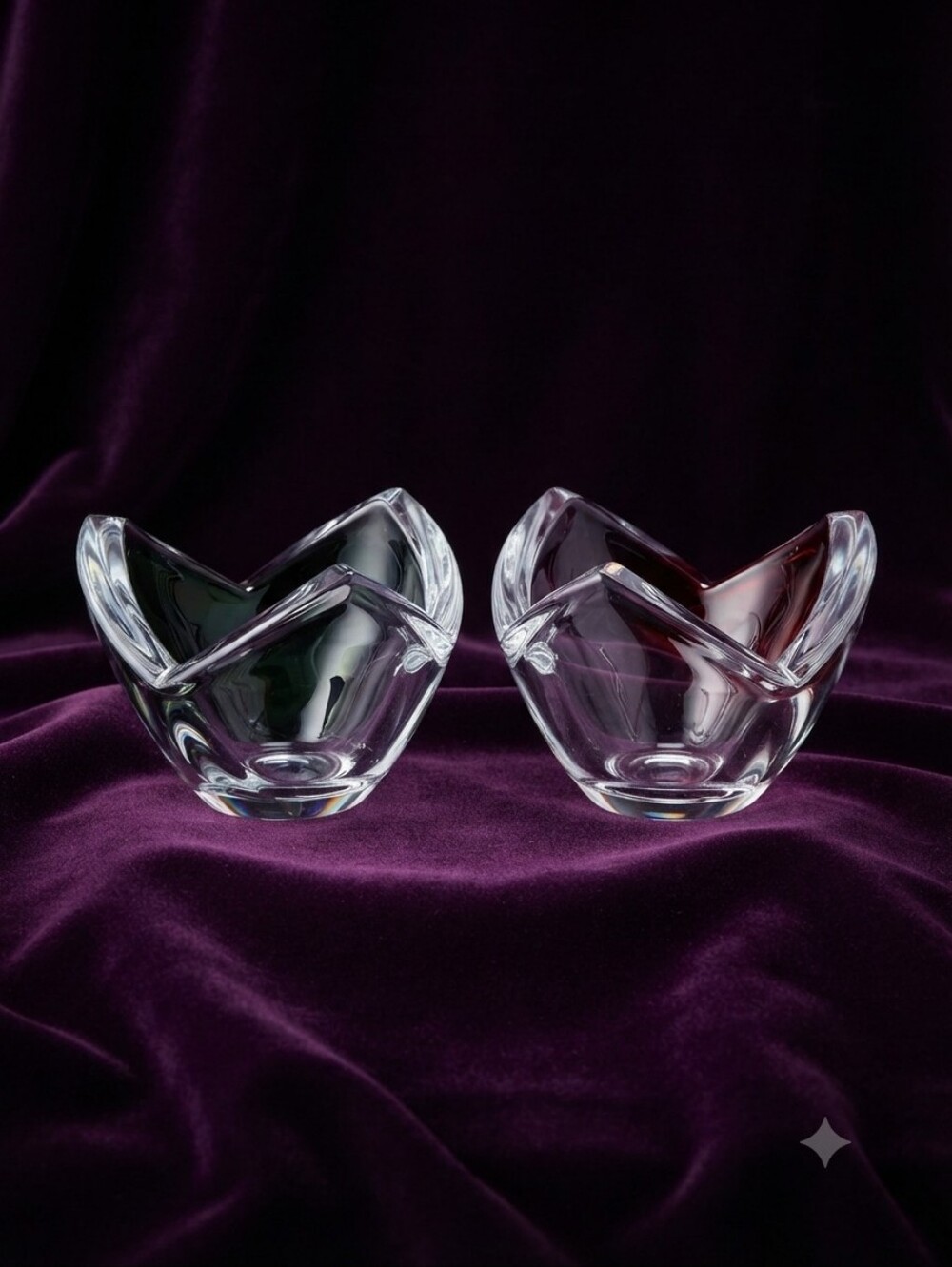 Pair of Elegant Sculptural Crystal Tea Light Holders with a 3 Pedal Design. ♡